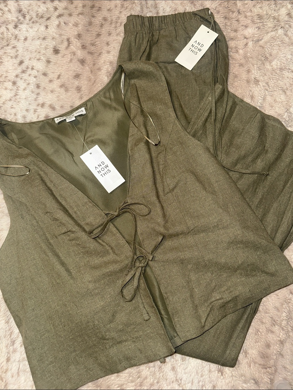 AND NOW THIS Olive Green Linen-Blend Camisole Top and Pants Co-ord set